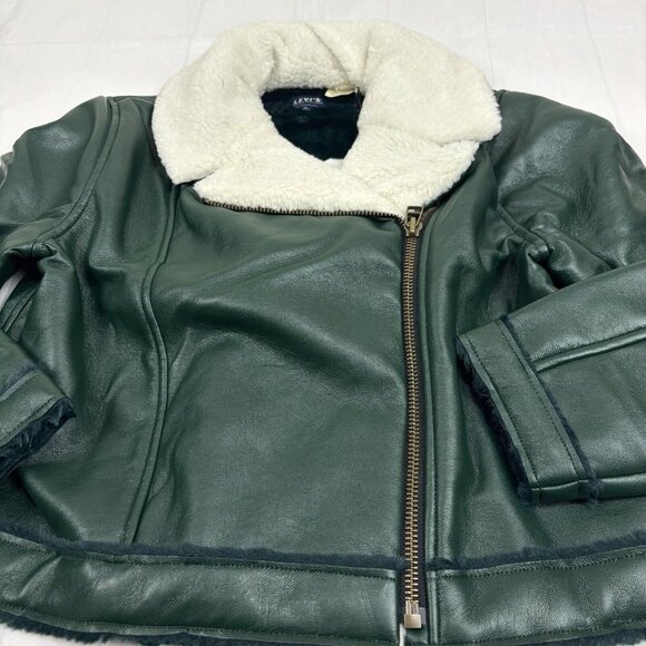 Levi’s Women’s Green Vegan Leather Sherpa Crop Moto Jacket Size Large. - Picture 6 of 16